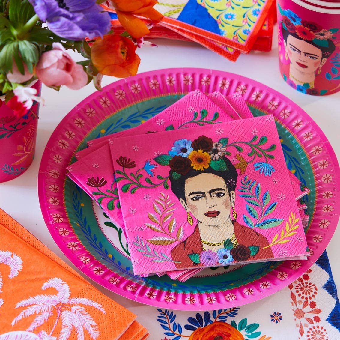 Serviettes à cocktail roses Frida Kahlo | Paquet de 20 | Fête d'été |