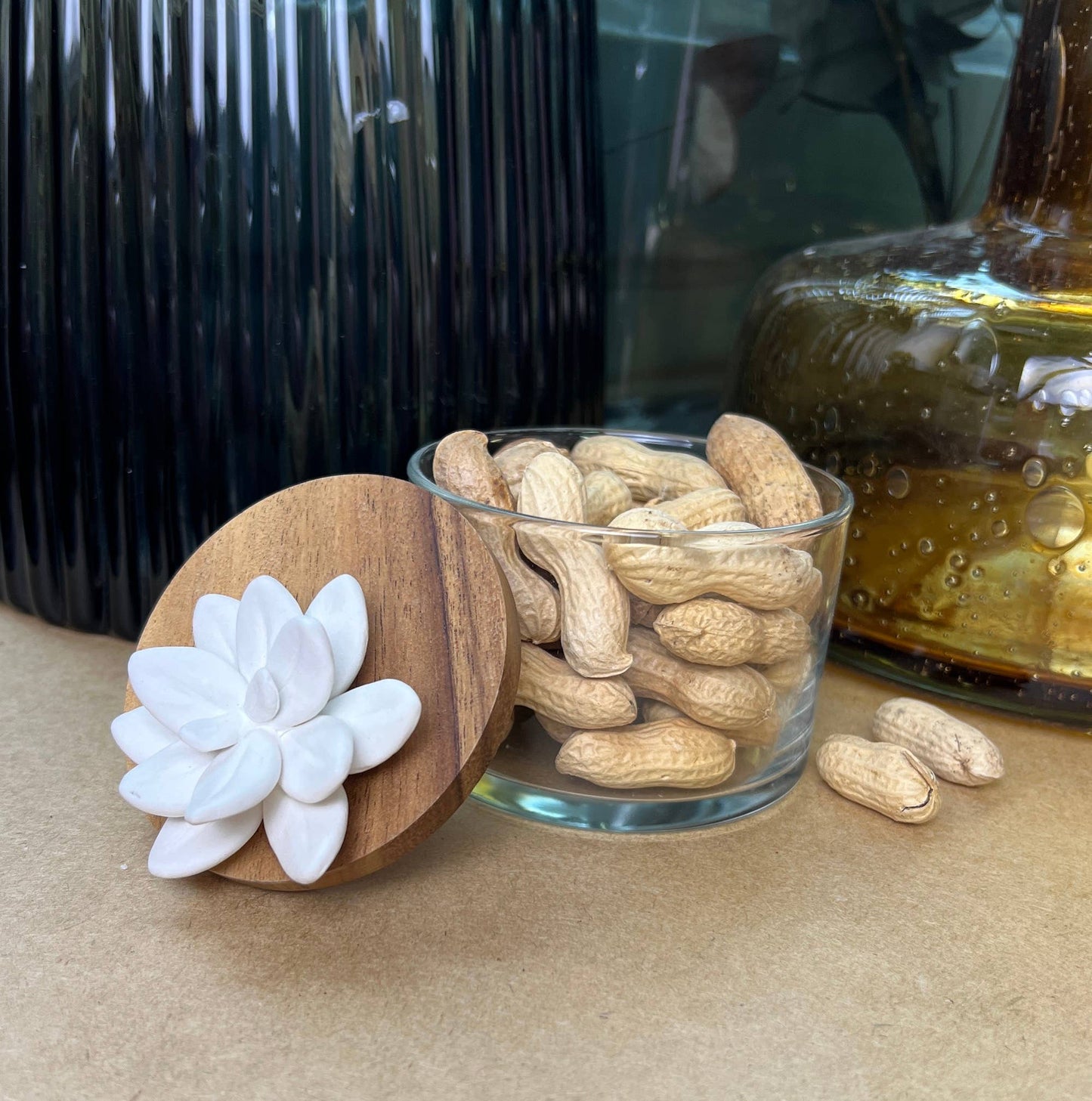 Boîte Bonbonnière en verre, bois, porcelaine - Boite Lotus S