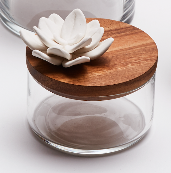 Boîte Bonbonnière en verre, bois, porcelaine - Boite Lotus S