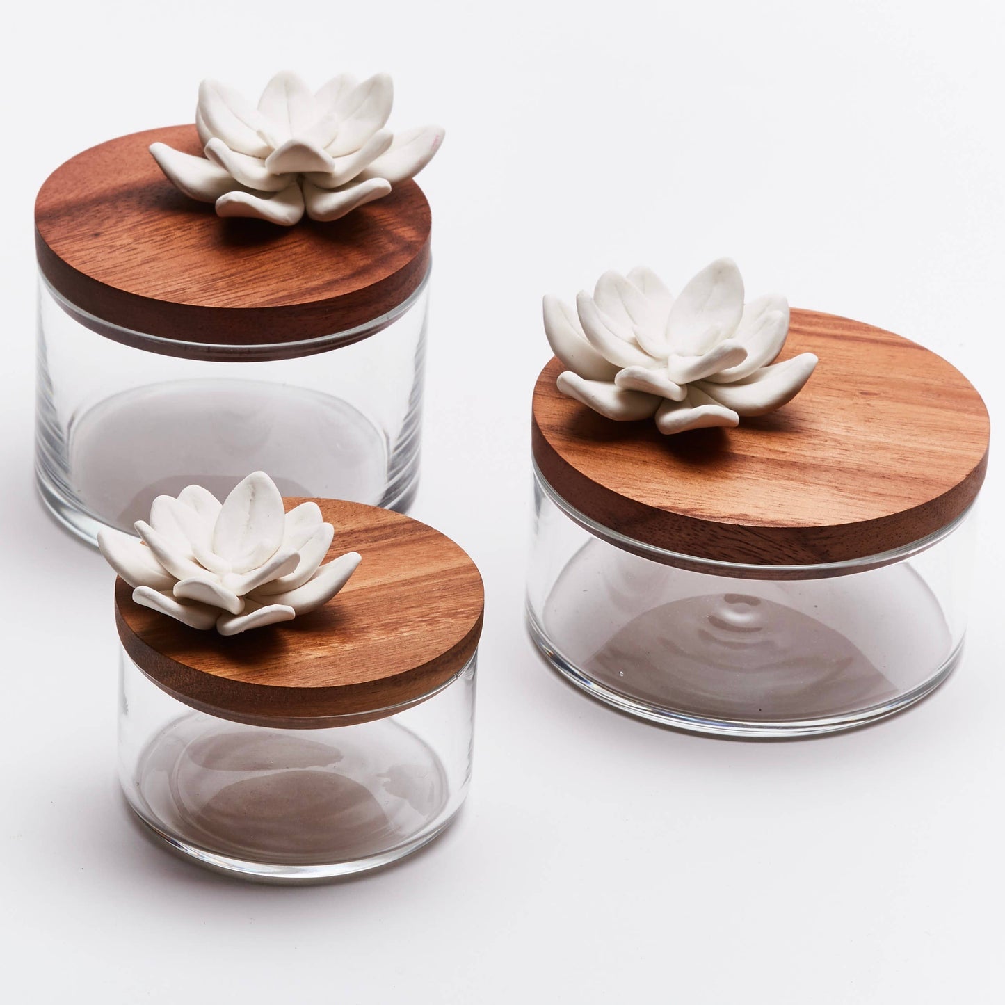 Boîte Bonbonnière en verre, bois, porcelaine - Boite Lotus S