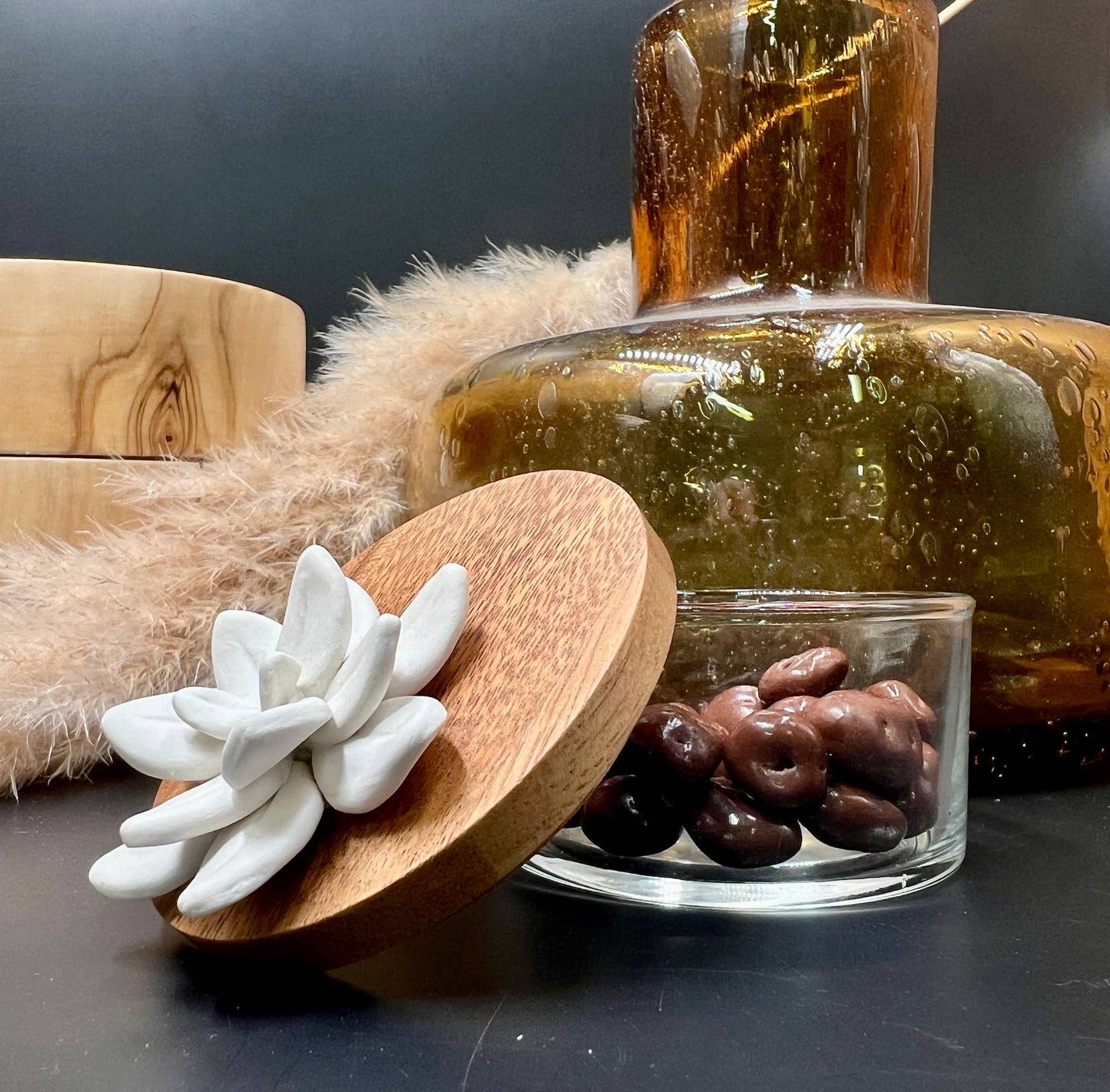 Boîte Bonbonnière en verre, bois, porcelaine - Boite Lotus S