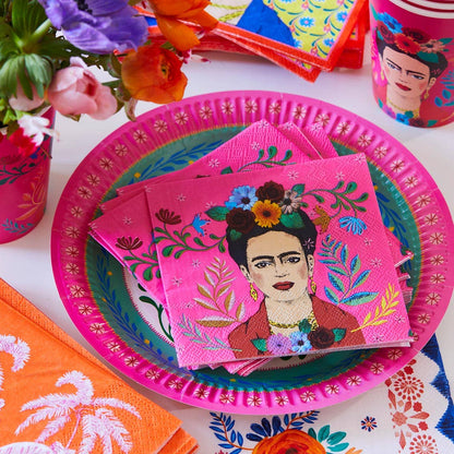 Serviettes à cocktail roses Frida Kahlo | Paquet de 20 | Fête d'été |