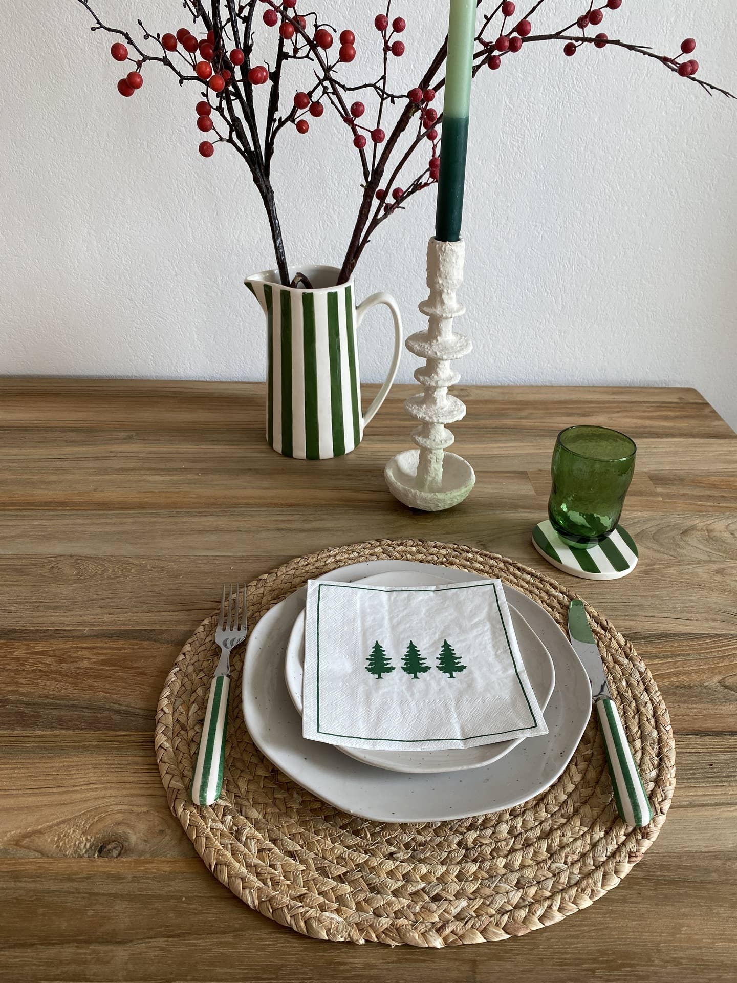 Set de 4 dessous de verre rayures verte D10 H0,6cm