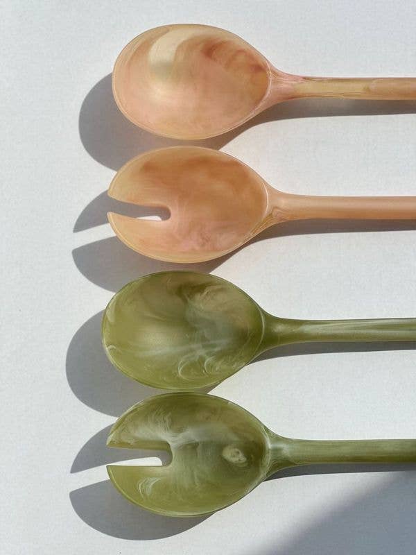 Serveurs à salade en résine marbrée vert olive - ensemble de 2