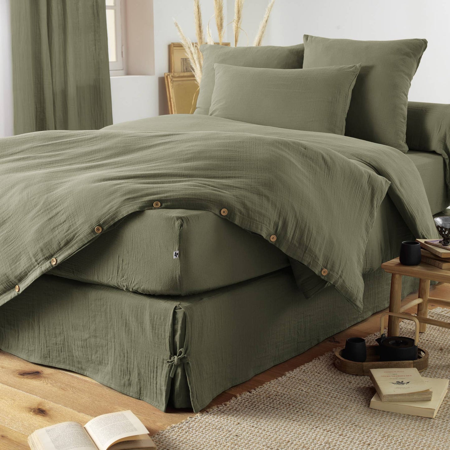 Drap housse Gaze de Coton 160 x 200 cm GAÏA Romarin