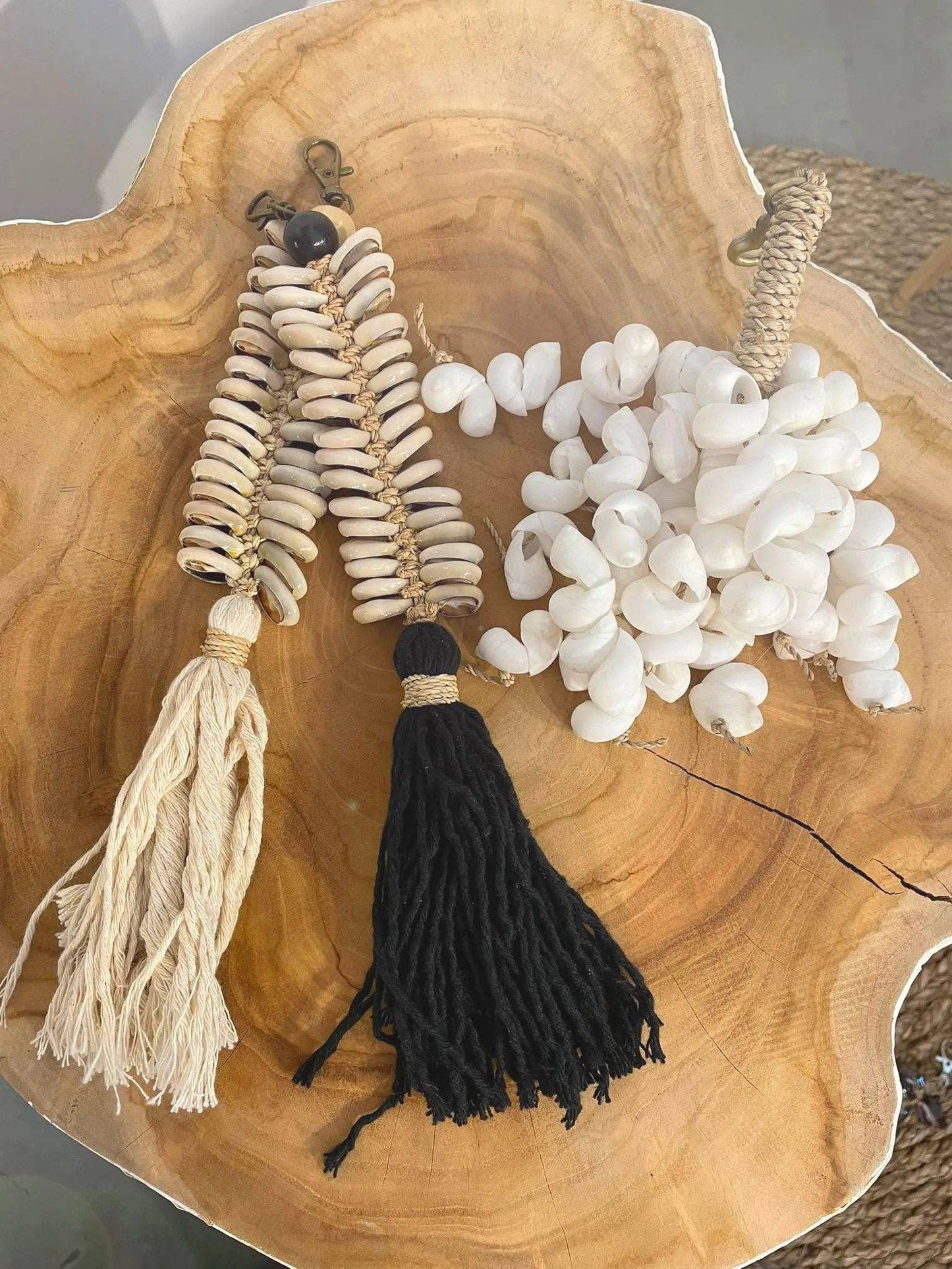 Porte-clés macramé en forme d'arête de poisson - Crème