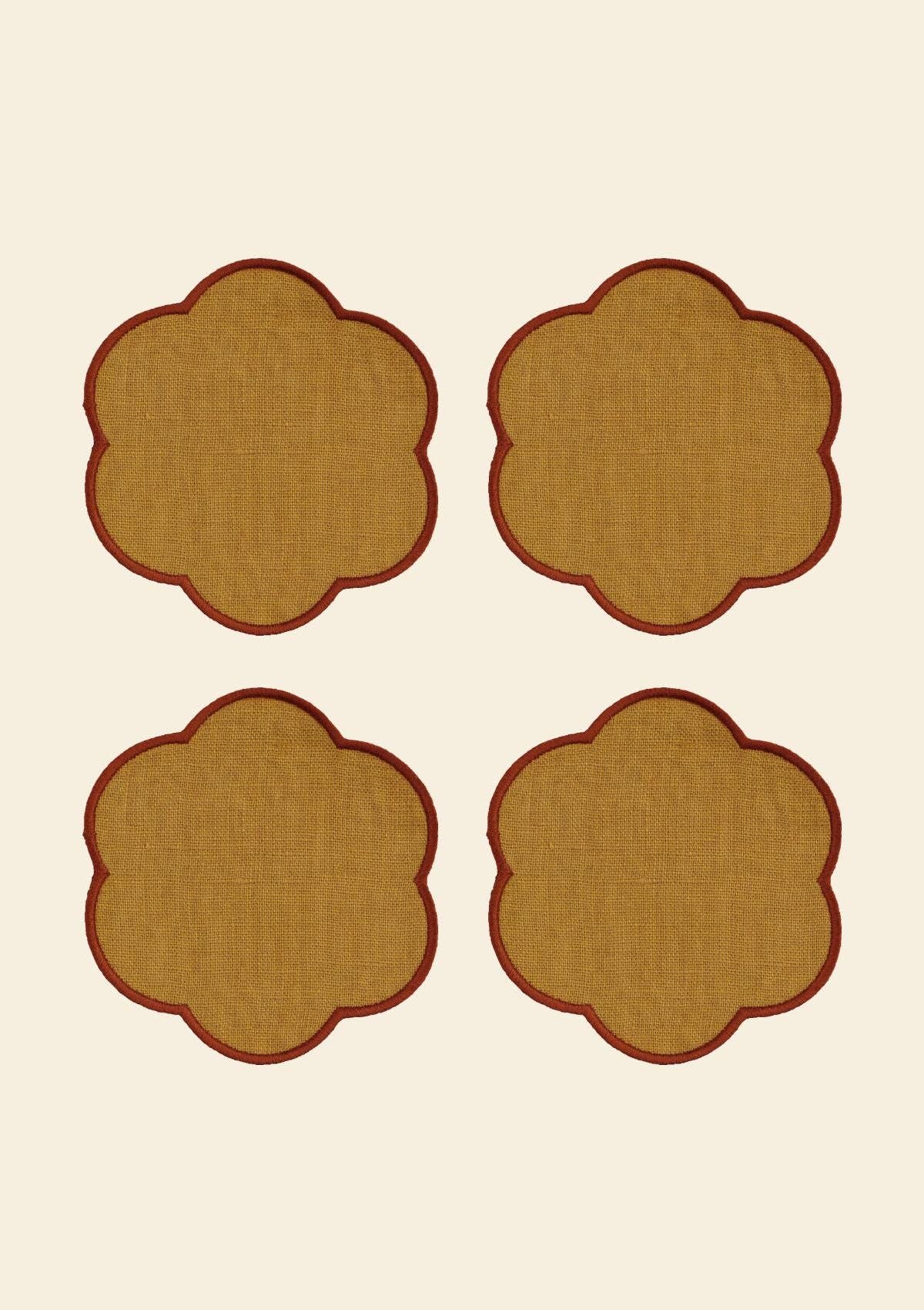 Les dessous de verre festonnés en lin Ocre jaune & Tomette (lot de 4)