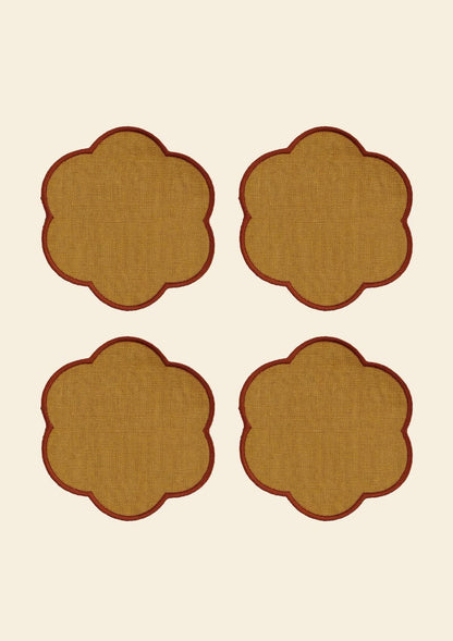Les dessous de verre festonnés en lin Ocre jaune & Tomette (lot de 4)