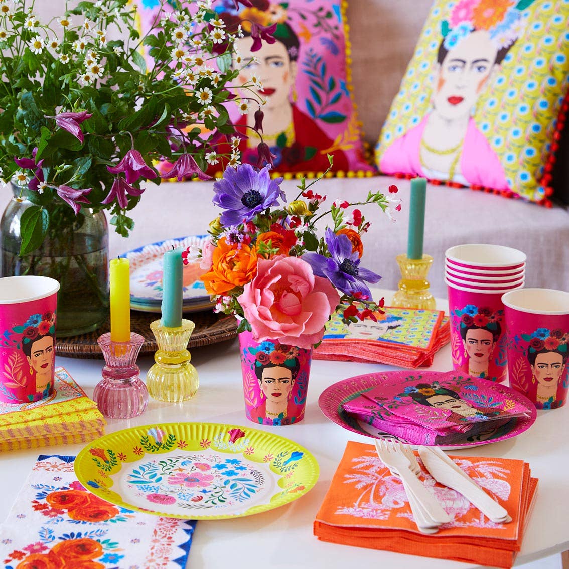 Serviettes à cocktail roses Frida Kahlo | Paquet de 20 | Fête d'été |