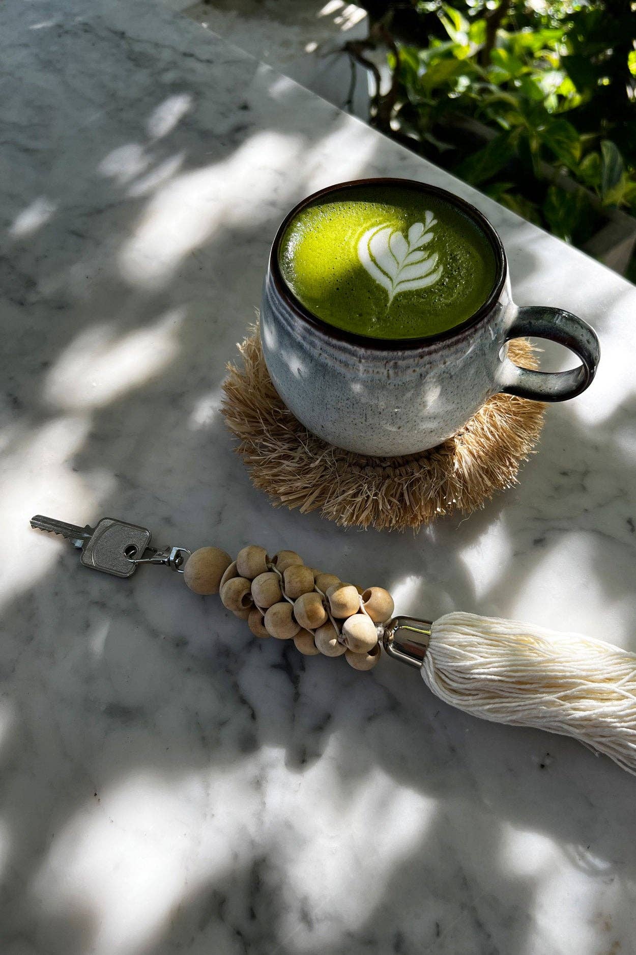 Porte-clés en perles de bois naturel blanc