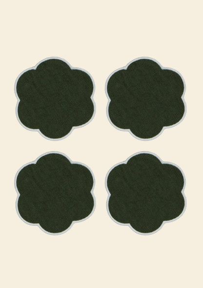 Les dessous de verre festonnés en lin Vert forêt & Blanc (lot de 4)