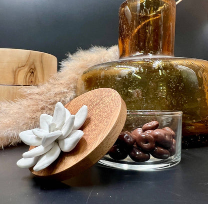 Boîte Bonbonnière en verre, bois, porcelaine - Boite Lotus S