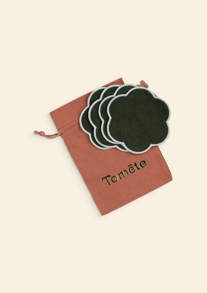 Les dessous de verre festonnés en lin Vert forêt & Blanc (lot de 4)