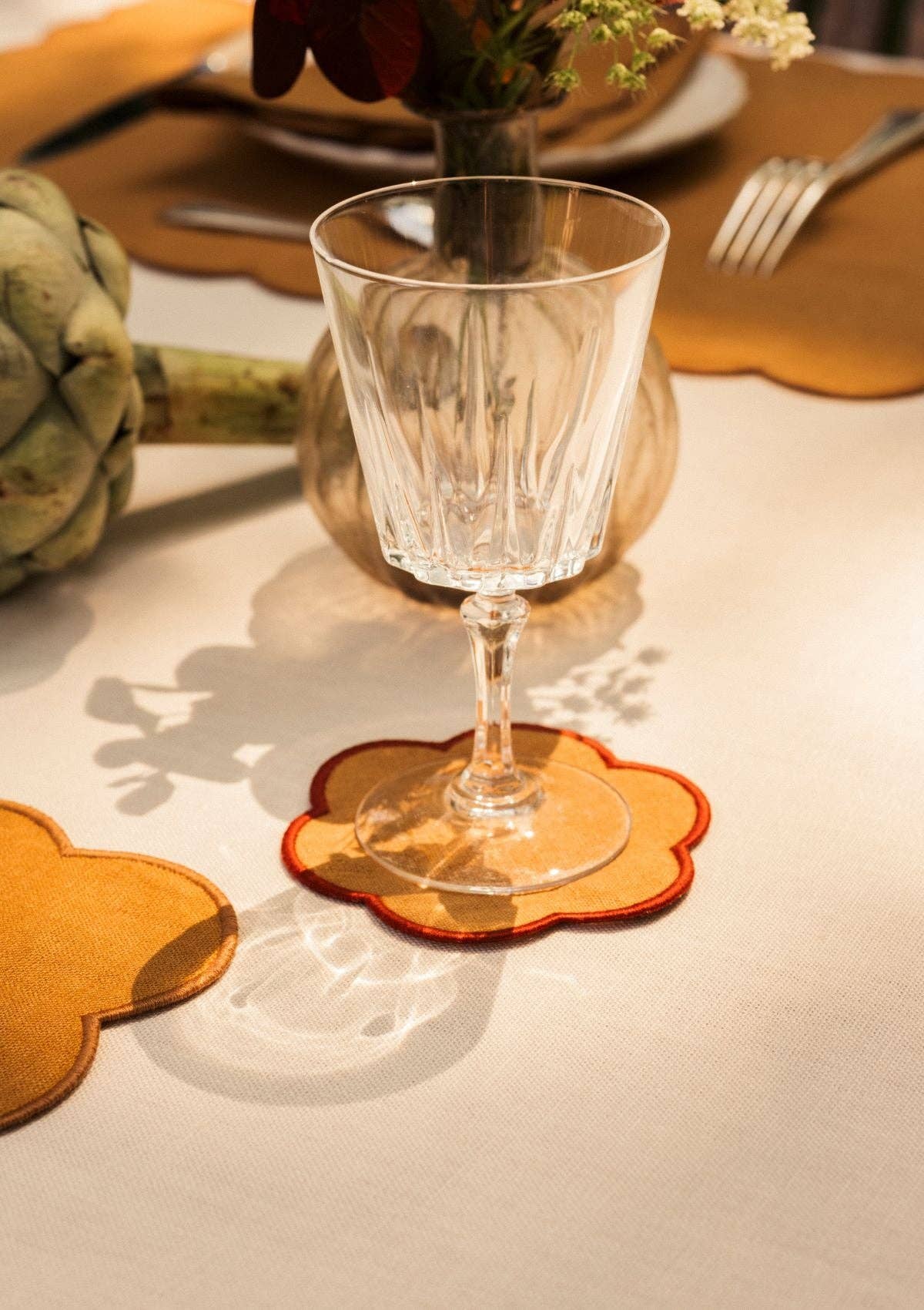 Les dessous de verre festonnés en lin Ocre jaune & Tomette (lot de 4)